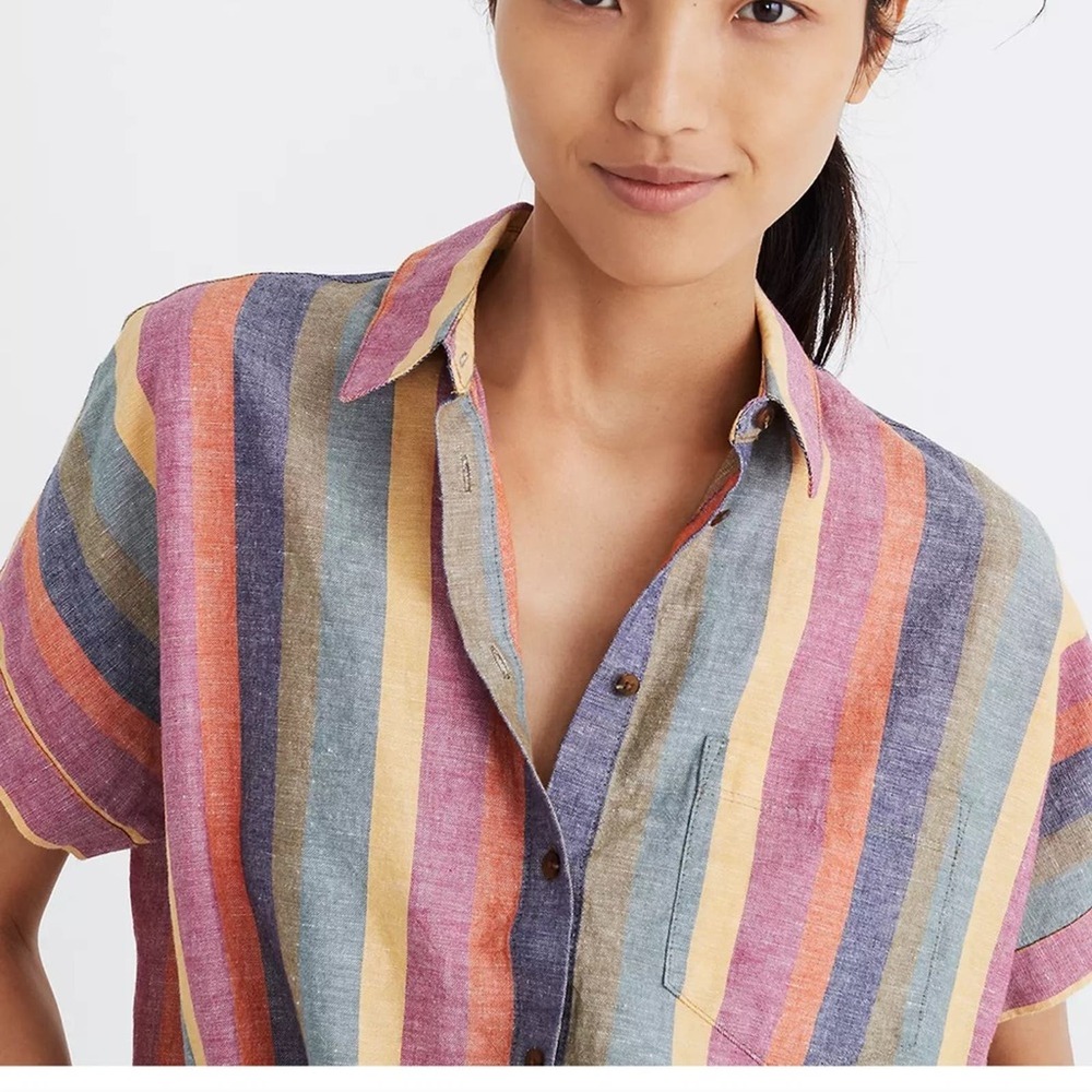 Madewell Short Sleeve Tie Front Shirt Rainbow Stripe Linen Blend Oversized XXS